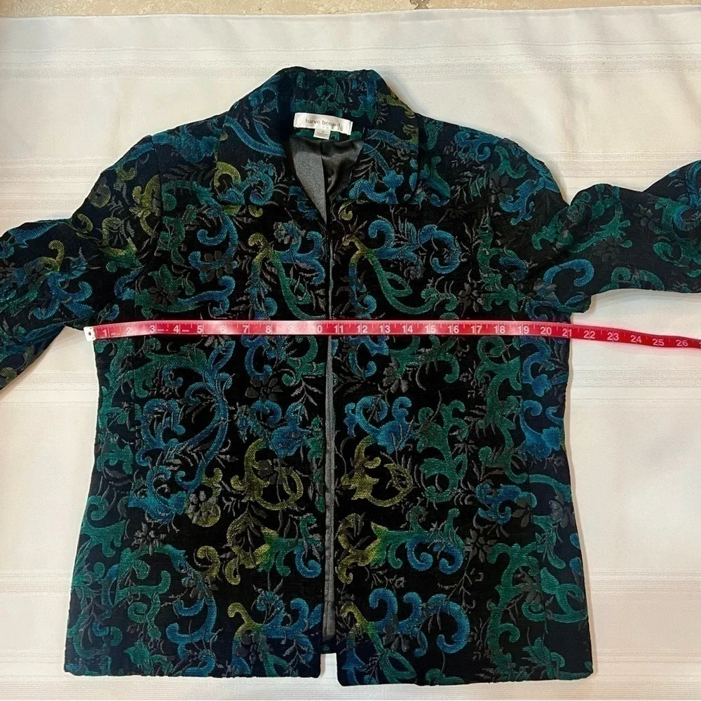 Harvé Benard Black Teal‎ Velvet Damask Open Front Jacket Blazer Sz 12